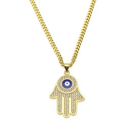 Gold Plated Fatima hand Pendant CZ Crystal Copper Material Luck Hand Palm Blue Necklace Chain For Women Jewelry267i