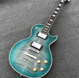 Custom LP Electric Guitar Blue-Green Flame Maple Top One Piece Mahogany Neck & Body Heel Contour Guitarra Free Shipping