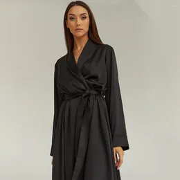 Women's Sleepwear Spring Fall Silk Lace-up Long-Sleeved Night-robe 2024 Soft Loose Solid Cardigan V-Neck Home Nightgown European Style