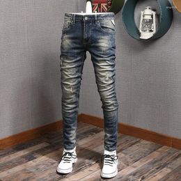 Men's Jeans Autumn Vintage Ripped Men Streetwear Casual Retro Blue Cotton Slim Fit Denim Pants