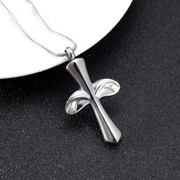 LKJ9976 Silver Tone Cross Cremation Pendant Human Ashes Holder Funeral Urn Casket Stainless Steel Cremation Necklace Men Women198Q