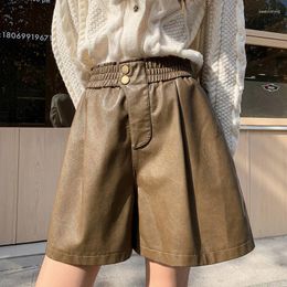 Women's Shorts Women Fashion Button Faux Leather High Waist Elastic Retro Female Wide Leg Loose PU Streetwear Ropa