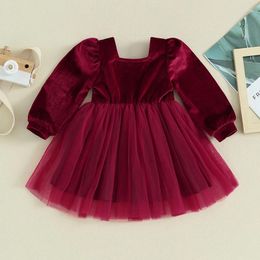 Girl Dresses Princess Velvet Baby Girls Dress Christmas Party Kids Costumes Long Puff Sleeve Solid Colour Puffy Tulle Toddler