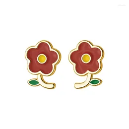 Stud Earrings Simple Cute Red Flower For Women 925 Sterling Silver Fashion Geometric Perforated Fine Jewelry