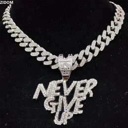 Jewellery Men Women Hip Hop Never Give Up Pendant Necklace 13mm Crystal Cuban Chain Hiphop Iced Out Bling Necklaces Fashion Charm Jewellery