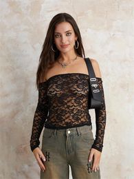 Women's T Shirts Women Floral Lace See Through Crop Tops Long Sleeve Off Shoulder Slim T-shirt Sexy Casual Smock Aesthetic Grunge Clothes