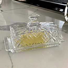 Dinnerware Sets Doitool Crystal Butter Holder Glass Keeper Lid Clear Cheese Rectangular Bowl Cake Dessert