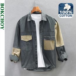 Spring Cargo Casual Patchwork Shirt Men Big Pockets 100 Cotton Four Seasons Clothing Oversize AZ781 240115