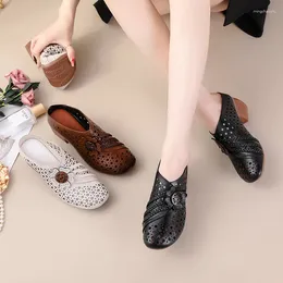 Slippers Summer Mid-Heeled Oxford Bottom Breathable Sandals Ethnic Style Genuine Leather Flower Hollow For Women