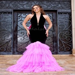 Unique Pink With Black Mermaid Prom Dress Deep V Neck Fishtail Evening Gowns Elegant Plus Size Backless Formal Dress With Bow Tiered Ruffles Party Dress 2024 Mariee