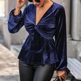 Women's Blouses Polyester Long Sleeve Top Elegant V Neck Velvet Shirt For Women Ruched Bust Layered Blouse Slim Waist Solid Colour Spring