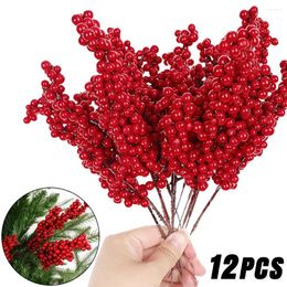 Decorative Flowers 12/1Pcs Artificial Fruit Red Berries Fake Foam Holly Berry Branch Plant DIY Xmas Tree Gift Craft Home Christmas Party