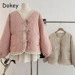 Women's Trench Coats Japanese Lace-up Kawaii Cotton Jacket Women Sweet Vintage Ruffled Pink Y2k Trendy Lolita Parkas Winter Plush Warm