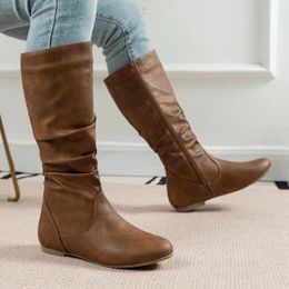 Women's Riding Boots Fashion Plus Size Soft Leather Zipper Knee High Boot Slip on Ladies Thigh Knight Flat Shoes Autumn 240115