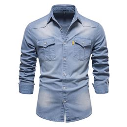 Spring And Autumn Fashion Men Clothing 4-Color S-5XL95% Cotton Pocket Shirt Long Sleeve Lapel Single Breasted Casual Denim Shirt 240116