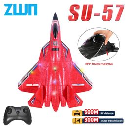 RC Plane SU57 24G With LED Lights Aircraft Remote Control Flying Model Glider EPP Foam Toys Aeroplane For Children Gifts 240115