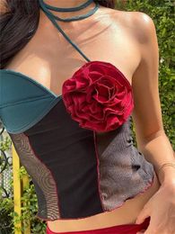 Women's Tanks CHRONSTYLE Women Halter Tank Top Sleeveless Backless Contrast Colour 3D Flower Summer Mini Vest Club Party Streetwear 2024