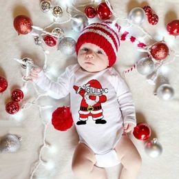 Rompers Santa Claus Printed Newborn Baby White Long Sleeve Rompers Cartoon Snowman Deer Outfit Infant Baptism Bodysuit Clothes Xmas Gift H240508