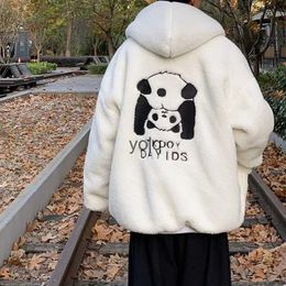 Men's Jackets Autumn and winter men loose hooded velvet jacket panda embroidered Hong Kong style lamb wool for womenyolq