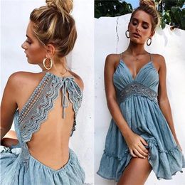 Casual Dresses Summer Sexy Women Spaghetti Strap Dress Bohemia 2024 Embroidery Mini Backless Lace Beach Vocation Ladies Vestidos