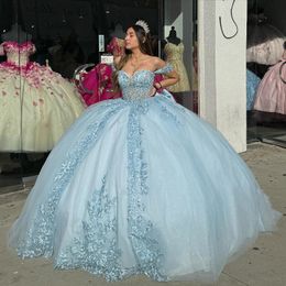 Sky Blue Shiny Quinceanera Dress Sweetheart Applique Lace Beads Tull Ball Gown Off the Shoulder Sweet 15 Vestidos De XV Anos