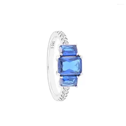 Cluster Rings 925 Sterling Silver Ring Blue Rectangular Three Stone Sparkling Wedding For Women Jewelry Bague Femme