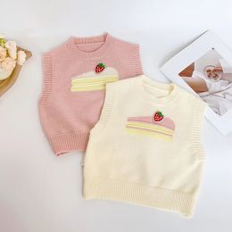 Spring Korean Children Girl Vest Cartoon Strawberry Cake Knitted Kid Girl Sweater Embroidery Sleeveless Sweet Baby Girl Pullover 240116
