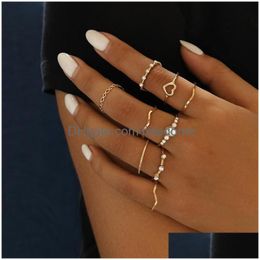 Cluster Rings Women Finger Rings 9Pcs Sets Hollow Out Love-Heart Pearl Rhinestone Wave Joint Ring Cluster Jewellery Accessories 2991 Dr Dhlia