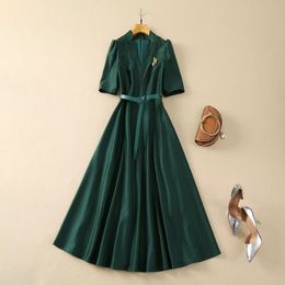 2024 Spring Green Solid Colour Waist Belted Dress Short Sleeve V-Neck Midi Casual Dresses A4J121440