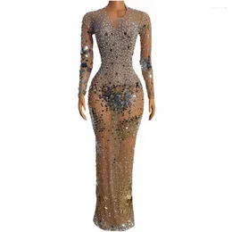 Stage Wear Rhinestone Mirror Sequins Long Dress Skinny See-through Women Party Red Carpet Nightclub Singer Show Actor Outfits