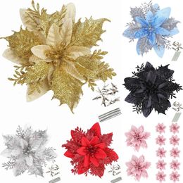 New Banners Streamers Confetti 12PCS Glitter Artificial Flowers Christmas with Clips Stems Xmas Tree Ornaments for Wedding Party Wreath Decoration 5in Flower