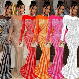 Casual Dresses Rhinestone Maxi Dress Formal Mesh Black White Evening Party Elegant Sexy Red Ninght Out Outfit