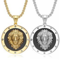 14k Yellow Gold Lion Head Pendand Chain Golden Colour Iced Out Bling Round Animal Necklace for Men Hip Hop Jewellery