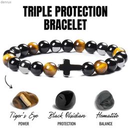 Charm Bracelets Triple Protection Bracelet Bring Luck Natural Hematite Slimming Black Obsidian Tiger Eye Stone Beads Women Men Cross Bracelets