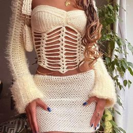 Women's Tanks Y2K Sexy Women Knitted Bustiers Crop Tops With Sleeves Cutout Strapless Tank Vest Knitting Slim Backless Sweater Corset