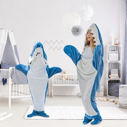 Cartoon Shark Pyjamas Playsuit Kids Parents Hooded Warm Flannel Blanket Pyjamas Homesuit Funny Homewear Blanket Sleeping Bag 240115