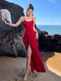 Casual Dresses Women Red Elegant Sleeveless Birthday Evening Party Long Dress Summer Slim Sexy Club Backless High Split Slip Simplicity