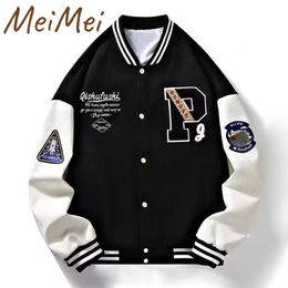 Letter P Trendy Baseball Coat Colour Matching Striped Standup Collar Mens Jacket Retro Armband Personalised for Men 240116