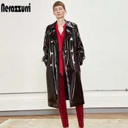 Nerazzurri Long waterproof black patent leather trench coat for women double breasted iridescent oversized leather coat 7xl 240115