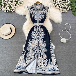 Casual Dresses Ethnic Style Women Vestidos De Mujer Turn Down Collar Belted Female Flying Sleeve Printed Ladies Maxi Dress Drop