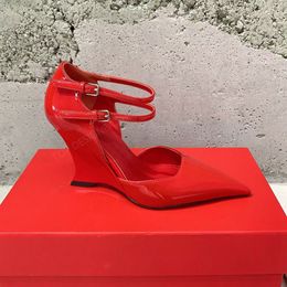 fashion Trendy Wedge sandal Patent leather High-heeled shoes Pointed toes buckle Luxury designer heels Dress shoes Wedding dinner shoes red white black