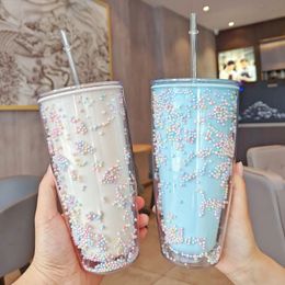 750ml DoubleLayer Plastic Water Cup With Straw and Lid BPA Free Drinking Coffee Mug Juice For Girls 240115