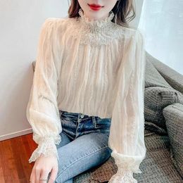 Women's Blouses Wood Ear Edge Retro High Neck Flower Lace Shirt Long Sleeve Top Sweet Bubble Autumn And Winter