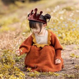 Girl Dresses Girls Dress 2024 Autumn And Winter Baby Caramel Brown Lace Collar Long Sleeve Sweater Lantern Thickened