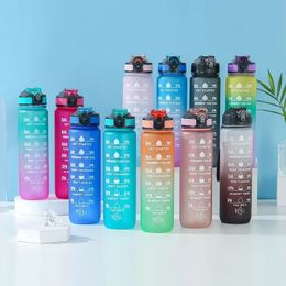 1 Litre Water Bottle with Straw Plastic Frosted Cup with Time Marker for Girls Kawaii Portable Travel Outdoor Sport Fitness Cups 240116