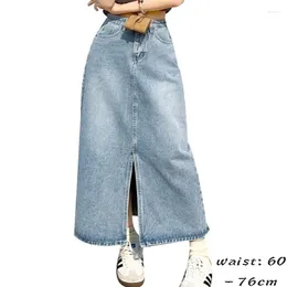 Skirts High Quality Long Denim Bandage Skirt For Women Split Straight Shape 2024 Youthful Lady Vintage Clothing - Blue