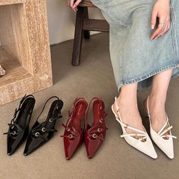 Dress Shoes Fashion Metal Buckle Pumps Women Med Heels Footwear Pointed Toe Ladies Luxury Female Slingbacks Sandals