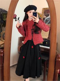 Work Dresses Elegant Red Tweed Woolen Coat Sets For Women 2024 Fashion Autumn Winter Floral Midi Skirts 2 Pieces Suits Casual Outerwear