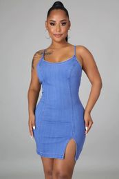 Sexy Bodycon Dresses Spaghetti Strap Tank Denim Dress Sleeveless Adjustable Solid Color Elastic Club Women Summer Clothing