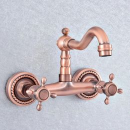 Bathroom Sink Faucets Antique Red Copper Brass Wall Mount Basin Faucet Double Handle Kitchen 360 Degree Rotation Wash Water Tap